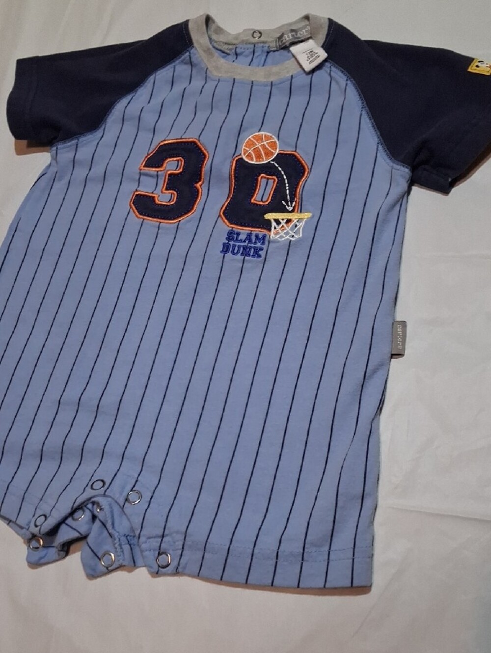 Carter's Baby Boy Basketball Romper 12M Blue Striped Slam Dunk One-Piece - Picture 2 of 7